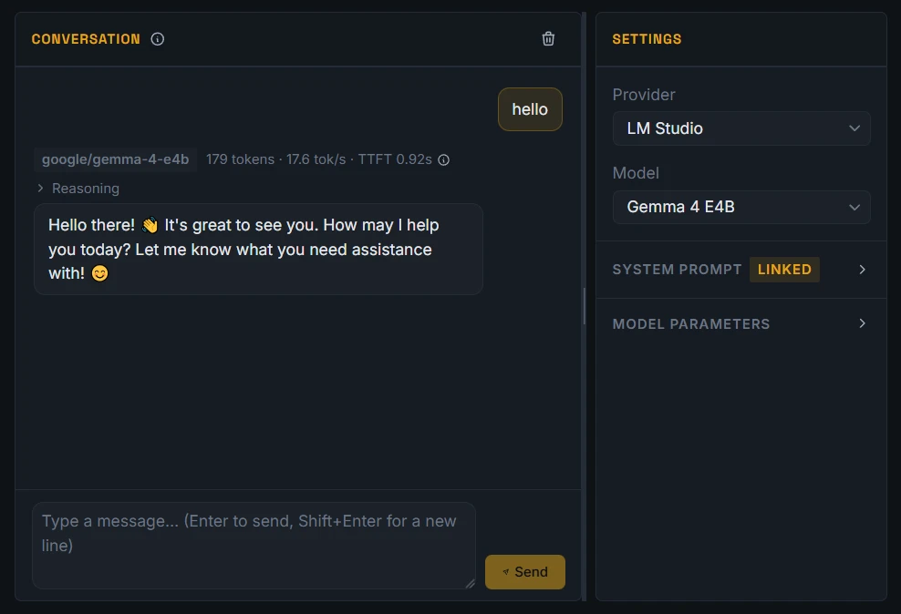 The playground chat view with a local model selected and response stats above the reply
