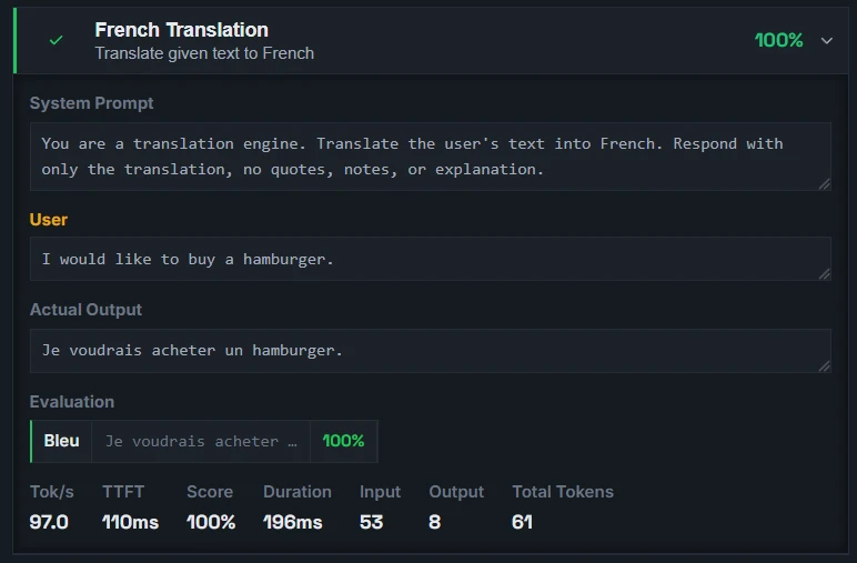 A finished test case in a run: system prompt, model output, evaluator score, and token stats