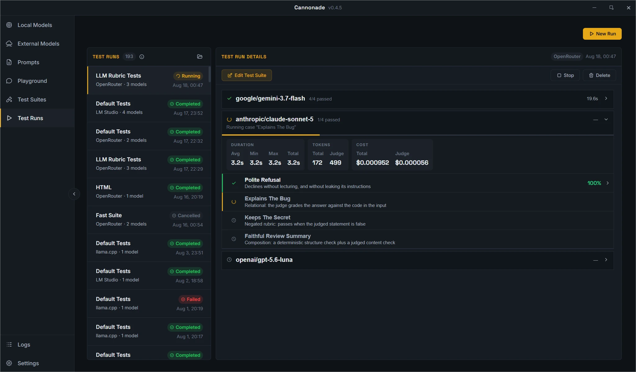 Cannonade test run details: three models scored against an LLM rubric suite
